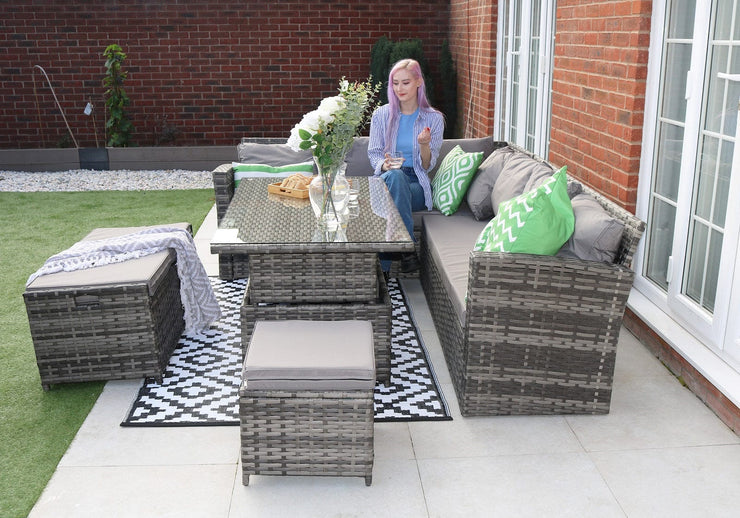 Rosen Rattan Garden Furniture 9 Seater Corner Sofa Rising Table & Storage Bench Sets in Grey