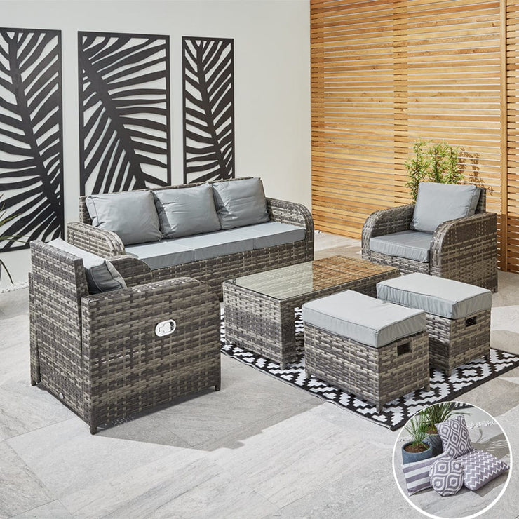 Lotus 7 Seater Rattan Garden Recliner Cube Sofa Set In Grey