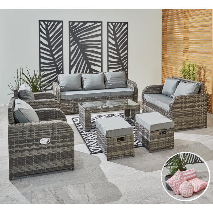 Lotus 9 Seater Rattan Garden Furniture Recliner Cube Sofa Set In Grey