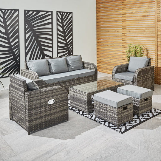 Lotus 7 Seater Rattan Garden Recliner Cube Sofa Set In Grey