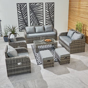 Lotus 9 Seater Rattan Garden Furniture Recliner Cube Sofa Set In Grey