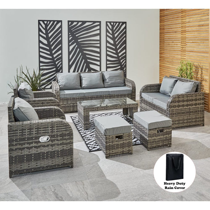 Lotus 9 Seater Rattan Garden Furniture Recliner Cube Sofa Set In Grey