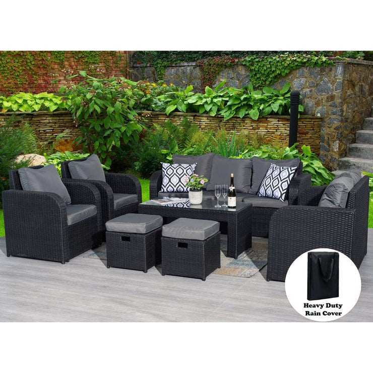 Lotus 9 Seater Rattan Garden Furniture Recliner Cube Sofa Set In Black