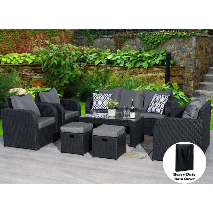 Lotus 9 Seater Rattan Garden Furniture Cube Set In Black