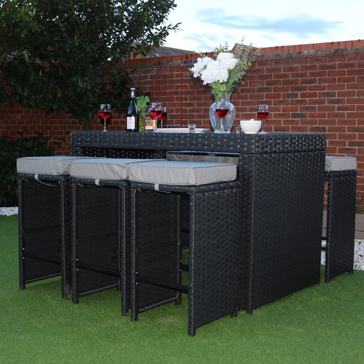 Eton Rattan Garden 6 Seater Bar Table and Stool Set in Black with rain cover option