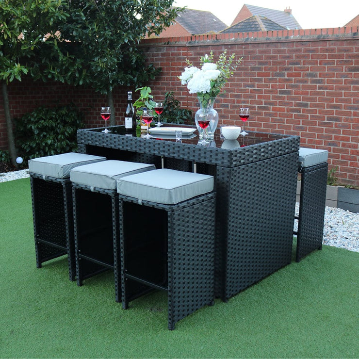 Eton Rattan Garden 6 Seater Bar Table and Stool Set in Black with rain cover option