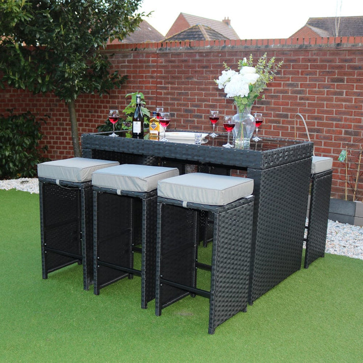 Eton Rattan Garden 6 Seater Bar Table and Stool Set in Black with rain cover option