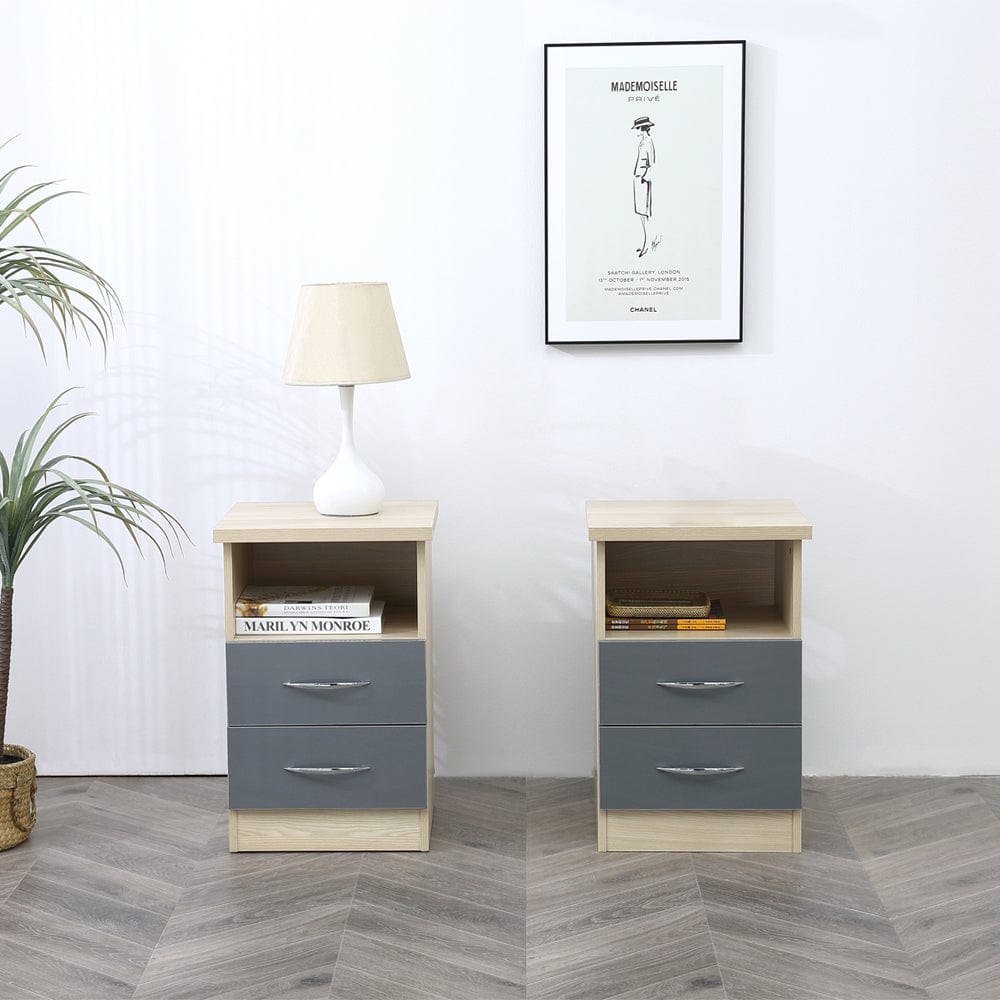 Set Of 2 Agata 2 Drawer Bedside Tables In Grey and Oak