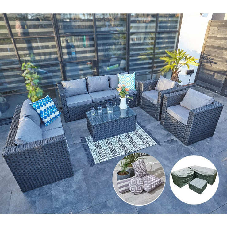 Vancouver 7 Seater Rattan Garden Sofa Set In Black