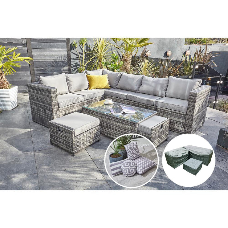 Vancouver 9 Seater Corner Rattan Garden Set In Grey