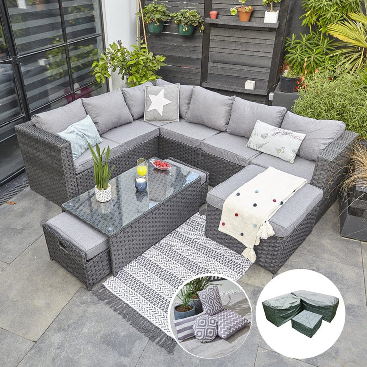 Vancouver 9 Seater Corner Rattan Garden Set In Black