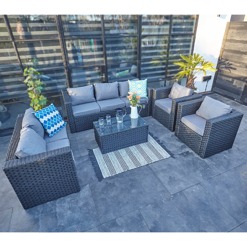 Vancouver 7 Seater Rattan Garden Sofa Set In Black