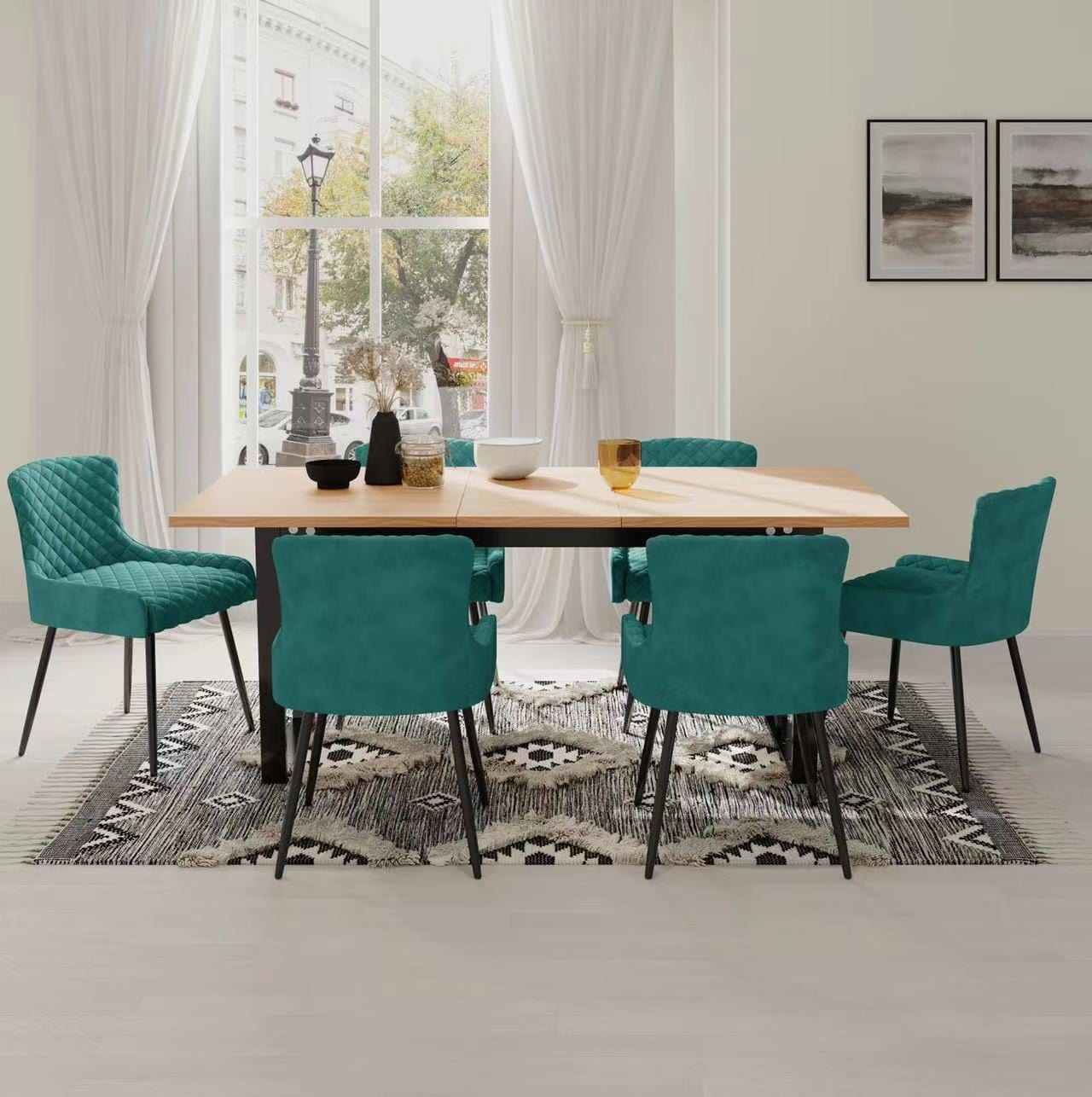Belluno Light Oak Colour Extending Dining Table Set with 6 Velvet Chairs