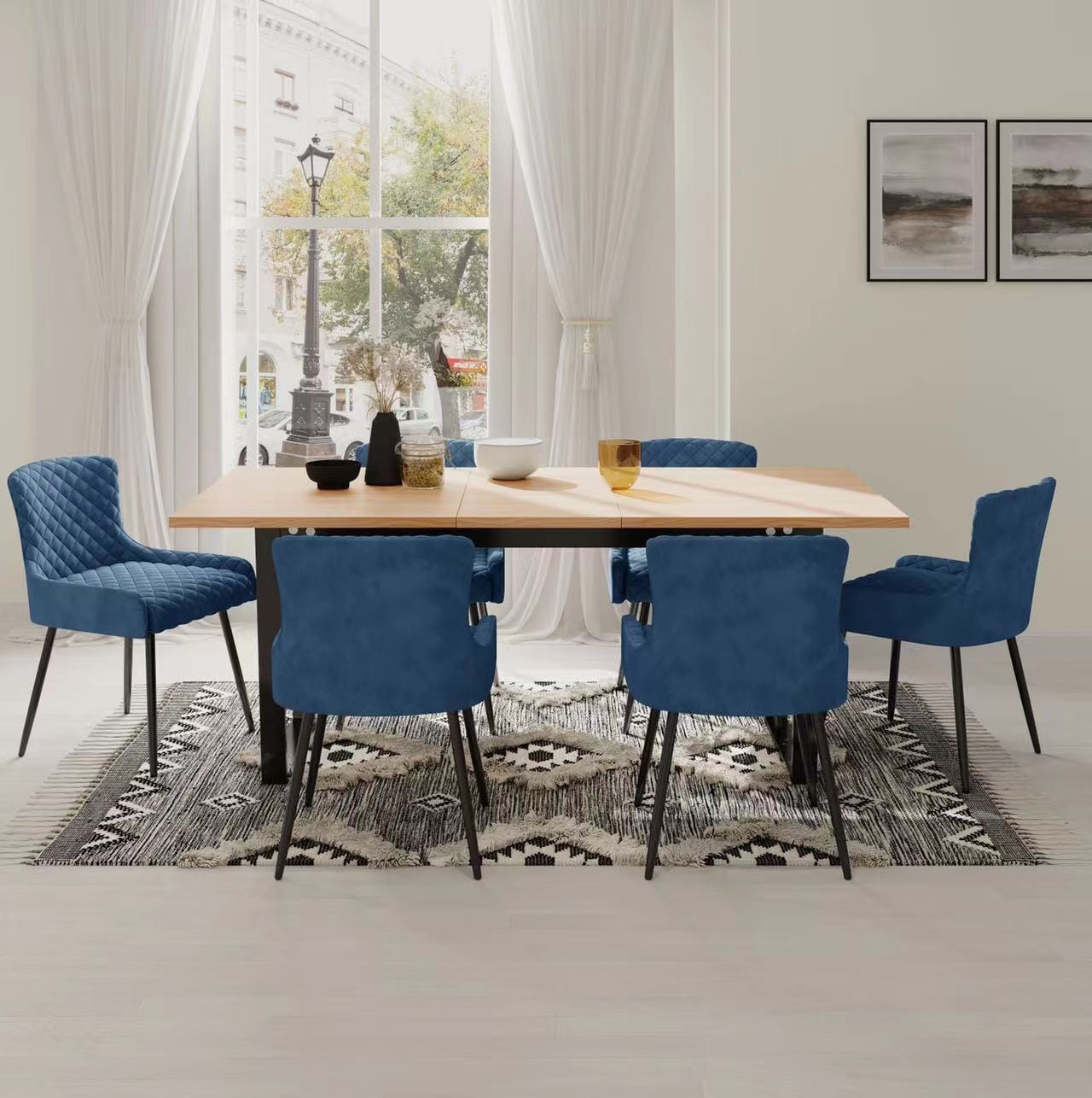 Belluno Light Oak Colour Extending Dining Table Set with 6 Velvet Chairs