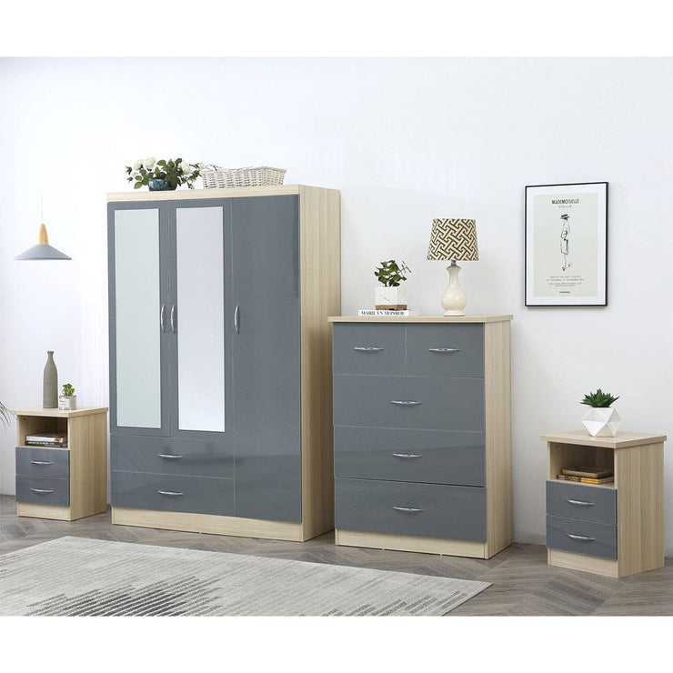 Agata 4 Piece Bedroom Set In Grey and Oak Wardrobe Chest and Two Bedsides