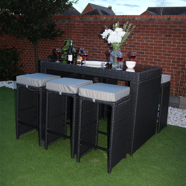 Eton Rattan Garden 6 Seater Bar Table and Stool Set in Black with rain cover option