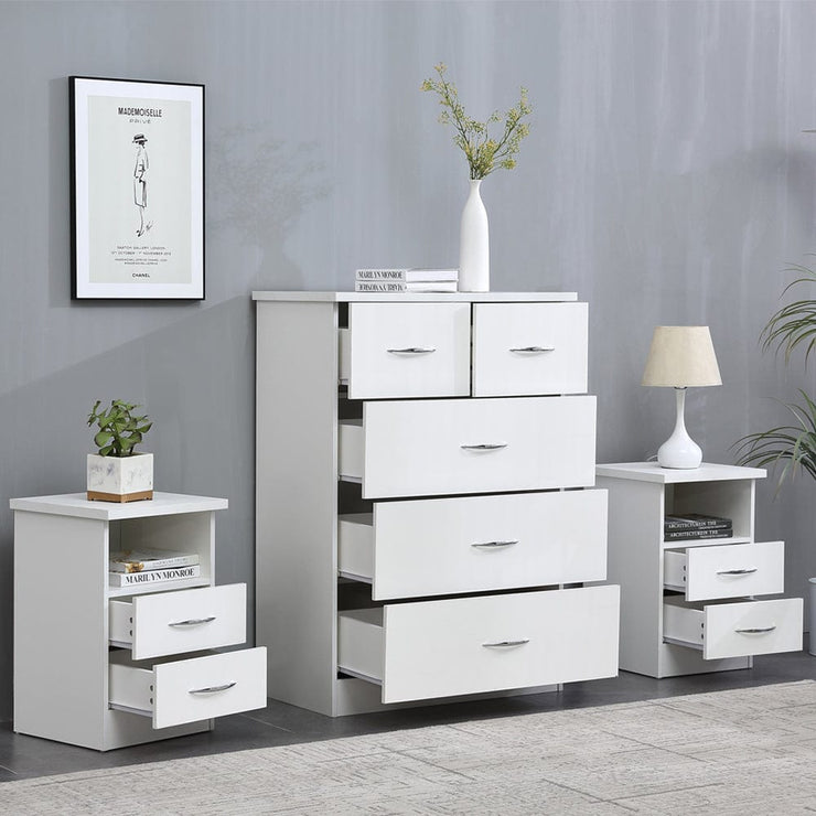 Agata 3 Piece Bedroom Set In White Chest and Two Bedsides