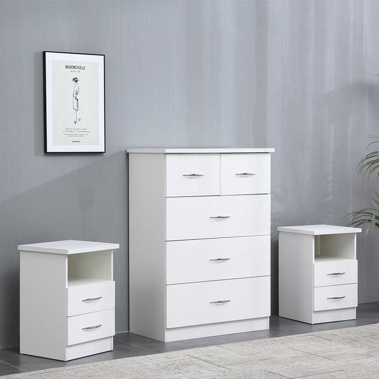Agata 3 Piece Bedroom Set In White Chest and Two Bedsides