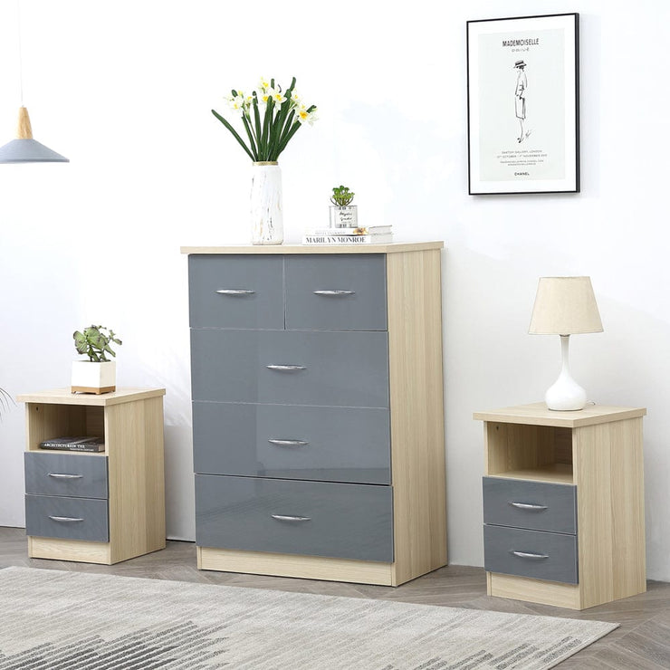 Agata 3 Piece Bedroom Set In Grey and Oak Chest and Two Bedsides