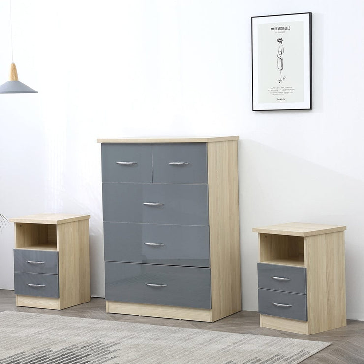 Agata 3 Piece Bedroom Set In Grey and Oak Chest and Two Bedsides